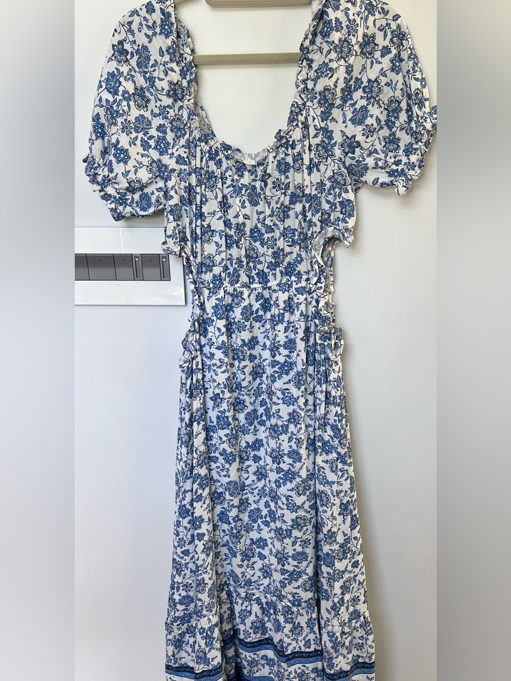 NWT By The River Blue White Floral Puff Sleeve Maxi Dress Size L
